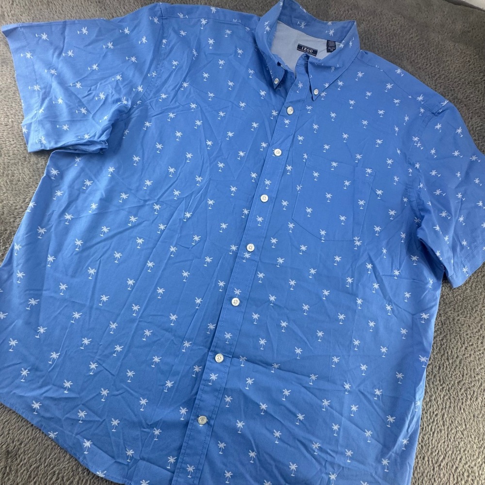IZOD Button Down Shirt Mens 2XL Blue Excellent Palm Tree‎ Print Short Sleeve